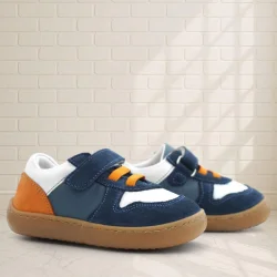 Rakerplus Bob Hakiki Deri Lacivert Beyaz Barefoot Cırtlı Lastikli Bebek Sneaker Ayakkabı