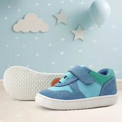 Rakerplus Bob Hakiki Deri Mavi Yeşil Barefoot Cırtlı Lastikli Bebek Sneaker Ayakkabı