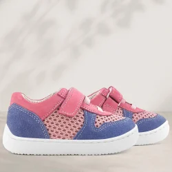 Rakerplus Bob Hakiki Deri Pembe Mavi Barefoot Cırtlı Lastikli Bebek Sneaker Ayakkabı