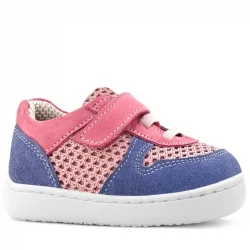 Rakerplus Bob Hakiki Deri Pembe Mavi Barefoot Cırtlı Lastikli Bebek Sneaker Ayakkabı