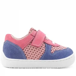 Rakerplus Bob Hakiki Deri Pembe Mavi Barefoot Cırtlı Lastikli Bebek Sneaker Ayakkabı