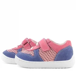 Rakerplus Bob Hakiki Deri Pembe Mavi Barefoot Cırtlı Lastikli Bebek Sneaker Ayakkabı