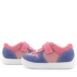 Rakerplus Bob Hakiki Deri Pembe Mavi Barefoot Cırtlı Lastikli Bebek Sneaker Ayakkabı