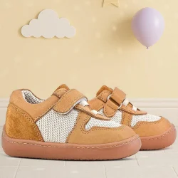 Rakerplus Bob Hakiki Deri Taba Krem Barefoot Cırtlı Lastikli Bebek Sneaker Ayakkabı