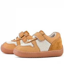 Rakerplus Bob Hakiki Deri Taba Krem Barefoot Cırtlı Lastikli Bebek Sneaker Ayakkabı