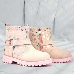 Rakerplus Chiron Hakiki Deri Pudra Yıldız Desenli Fermuarlı Kürklü Kız Çocuk Bot