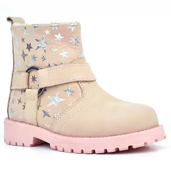 Rakerplus Chiron Hakiki Deri Pudra Yıldız Desenli Fermuarlı Kürklü Kız Çocuk Bot