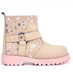 Rakerplus Chiron Hakiki Deri Pudra Yıldız Desenli Fermuarlı Kürklü Kız Çocuk Bot