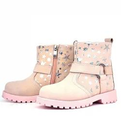 Rakerplus Chiron Hakiki Deri Pudra Yıldız Desenli Fermuarlı Kürklü Kız Çocuk Bot