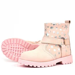 Rakerplus Chiron Hakiki Deri Pudra Yıldız Desenli Fermuarlı Kürklü Kız Çocuk Bot