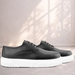 Rakerplus Derby Hakiki Deri Siyah Beyaz Tabanlı Çocuk Klasik Ayakkabı