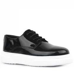 Rakerplus Derby Hakiki Deri Siyah Rugan Beyaz Taban Çocuk Klasik Ayakkabı