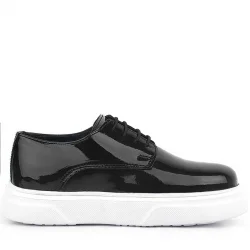 Rakerplus Derby Hakiki Deri Siyah Rugan Beyaz Taban Çocuk Klasik Ayakkabı