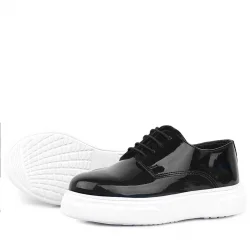 Rakerplus Derby Hakiki Deri Siyah Rugan Beyaz Taban Çocuk Klasik Ayakkabı