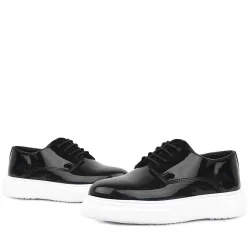 Rakerplus Derby Hakiki Deri Siyah Rugan Beyaz Taban Çocuk Klasik Ayakkabı