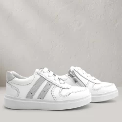 Rakerplus Hakiki Deri Beyaz Bağcıklı Fermuarlı Çocuk Sneaker Ayakkabı