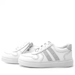 Rakerplus Hakiki Deri Beyaz Bağcıklı Fermuarlı Çocuk Sneaker Ayakkabı