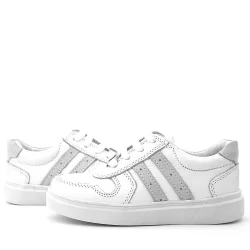 Rakerplus Hakiki Deri Beyaz Bağcıklı Fermuarlı Çocuk Sneaker Ayakkabı