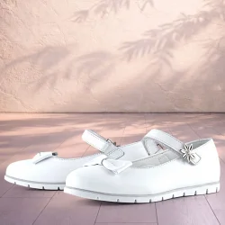 Rakerplus Hakiki Deri Beyaz Cırtlı Çiçek Detaylı Kız Çocuk Babet Ayakkabı