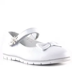 Rakerplus Hakiki Deri Beyaz Cırtlı Çiçek Detaylı Kız Çocuk Babet Ayakkabı
