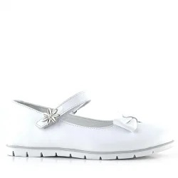 Rakerplus Hakiki Deri Beyaz Cırtlı Çiçek Detaylı Kız Çocuk Babet Ayakkabı