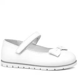 Rakerplus Hakiki Deri Beyaz Fiyonklu Cırtlı Kız Çocuk Babet Ayakkabı