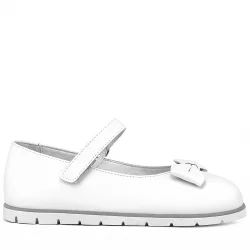 Rakerplus Hakiki Deri Beyaz Fiyonklu Cırtlı Kız Çocuk Babet Ayakkabı