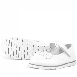 Rakerplus Hakiki Deri Beyaz Fiyonklu Cırtlı Kız Çocuk Babet Ayakkabı