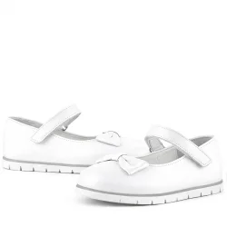 Rakerplus Hakiki Deri Beyaz Fiyonklu Cırtlı Kız Çocuk Babet Ayakkabı