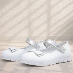 Rakerplus Hakiki Deri Beyaz Gümüş Fiyonklu Cırtlı Kız Çocuk Babet