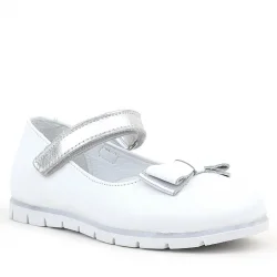 Rakerplus Hakiki Deri Beyaz Gümüş Fiyonklu Cırtlı Kız Çocuk Babet