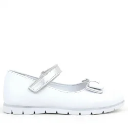 Rakerplus Hakiki Deri Beyaz Gümüş Fiyonklu Cırtlı Kız Çocuk Babet