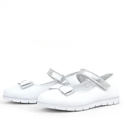 Rakerplus Hakiki Deri Beyaz Gümüş Fiyonklu Cırtlı Kız Çocuk Babet