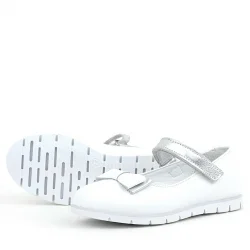 Rakerplus Hakiki Deri Beyaz Gümüş Fiyonklu Cırtlı Kız Çocuk Babet