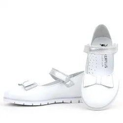 Rakerplus Hakiki Deri Beyaz Gümüş Fiyonklu Cırtlı Kız Çocuk Babet