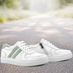 Rakerplus Hakiki Deri Beyaz Yeşil Bağcıklı Fermuarlı Çocuk Sneaker