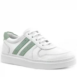 Rakerplus Hakiki Deri Beyaz Yeşil Bağcıklı Fermuarlı Çocuk Sneaker