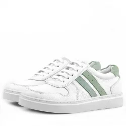 Rakerplus Hakiki Deri Beyaz Yeşil Bağcıklı Fermuarlı Çocuk Sneaker