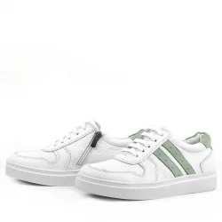 Rakerplus Hakiki Deri Beyaz Yeşil Bağcıklı Fermuarlı Çocuk Sneaker