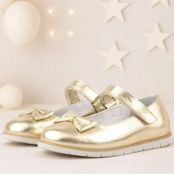 Rakerplus Hakiki Deri Gold Fiyonklu Cırtlı Kız Çocuk Babet