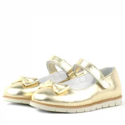 Rakerplus Hakiki Deri Gold Fiyonklu Cırtlı Kız Çocuk Babet