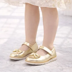 Rakerplus Hakiki Deri Gold Fiyonklu Cırtlı Kız Çocuk Babet