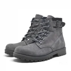 Rakerplus Hakiki Deri Gri Fermuarlı Bağcıklı Kürklü Bot