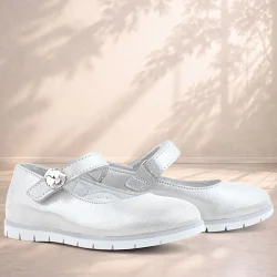 Rakerplus Hakiki Deri Gümüş Cırt Cırtlı Taş Detaylı Kız Çocuk Babet