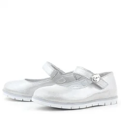 Rakerplus Hakiki Deri Gümüş Cırt Cırtlı Taş Detaylı Kız Çocuk Babet