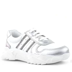 Rakerplus Hakiki Deri Gümüş Pembe Parlak Taşlı Kız Çocuk Sneakers Ayakkabı