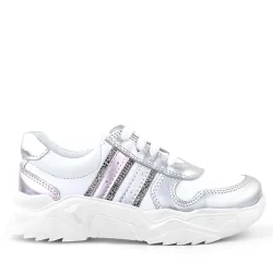 Rakerplus Hakiki Deri Gümüş Pembe Parlak Taşlı Kız Çocuk Sneakers Ayakkabı