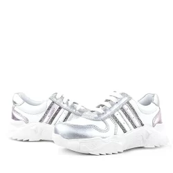 Rakerplus Hakiki Deri Gümüş Pembe Parlak Taşlı Kız Çocuk Sneakers Ayakkabı