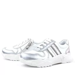 Rakerplus Hakiki Deri Gümüş Pembe Parlak Taşlı Kız Çocuk Sneakers Ayakkabı