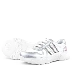 Rakerplus Hakiki Deri Gümüş Pembe Parlak Taşlı Kız Çocuk Sneakers Ayakkabı